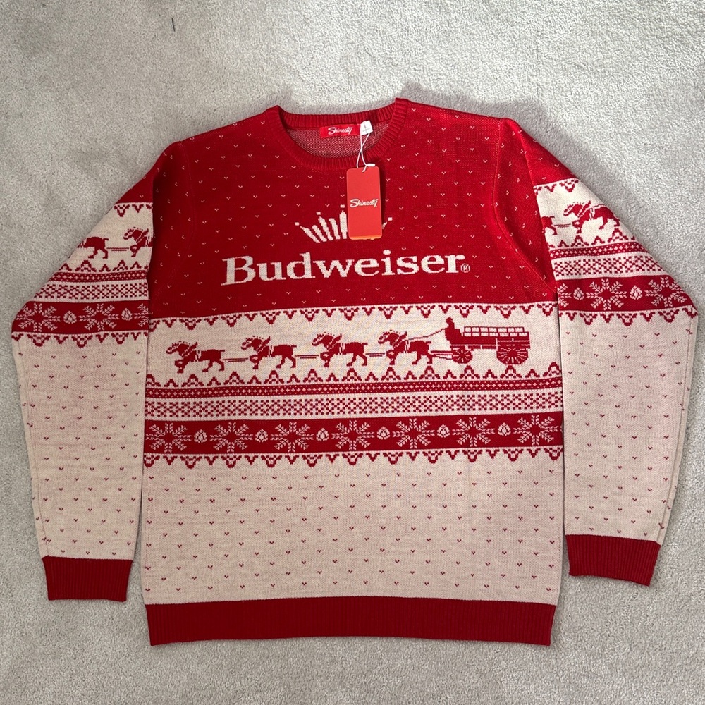 Adult Holiday sweater Clydesdale horses, hitch, snowflakes Red & Cream  Men’s XL